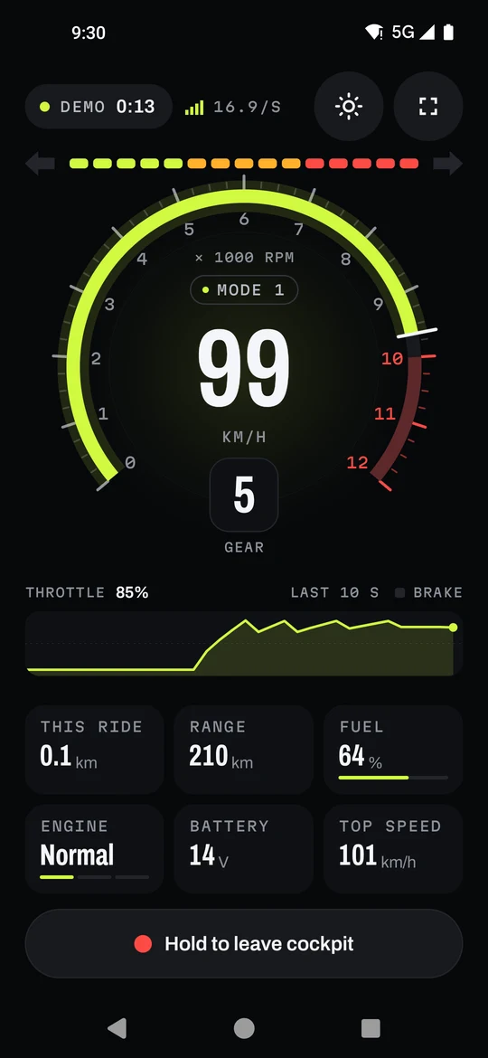 Twistgrip's live cockpit on a phone: 99 km/h in fifth gear, with the rev arc, throttle trace, range and fuel.