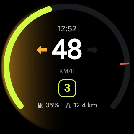 The Wear OS ride screen: 48 km/h in third gear with a rev arc round the edge.