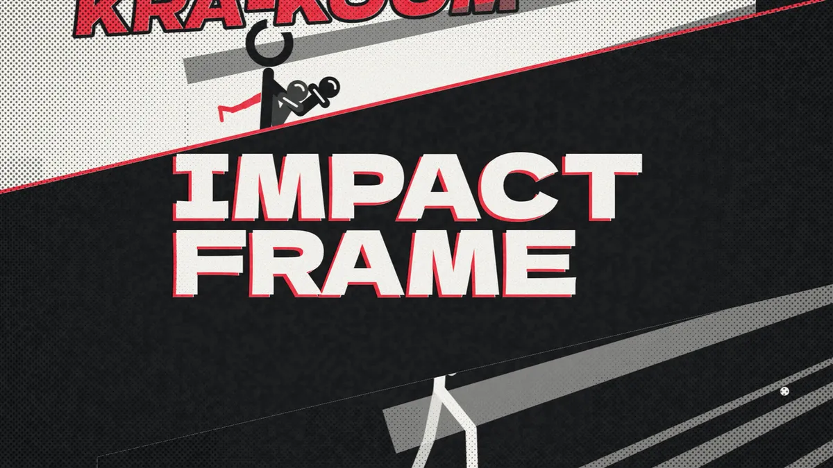 The Impact Frame trailer’s title card: the IMPACT FRAME logo over a stickman fight, in black, white and spot red.